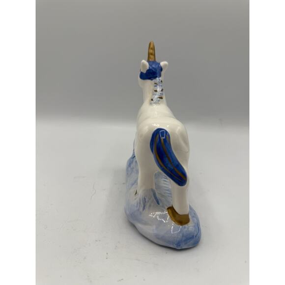 Vintage Ceramic Unicorn Figurine 5.5” Blue Mane Tail Gold Accents Glossy - Picture 4 of 7